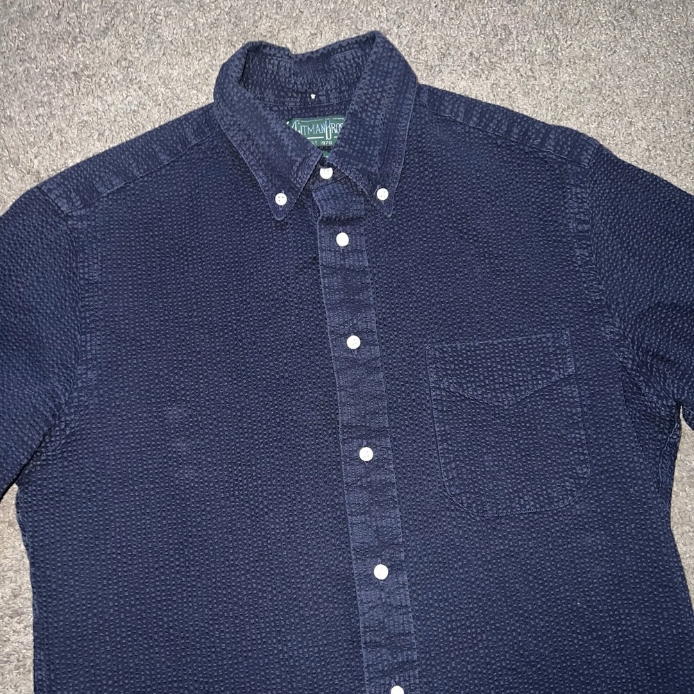 Gitman Bros. Men's Vintage Navy Seersucker Short Sleeve Shirt Medium